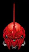 Front-facing red vector illustration of MSN-06S Sinanju on a black background.