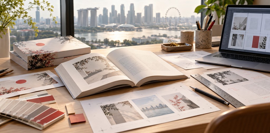 Open book, paperback cover proofs and print production layouts on a Singapore design studio desk overlooking Marina Bay.